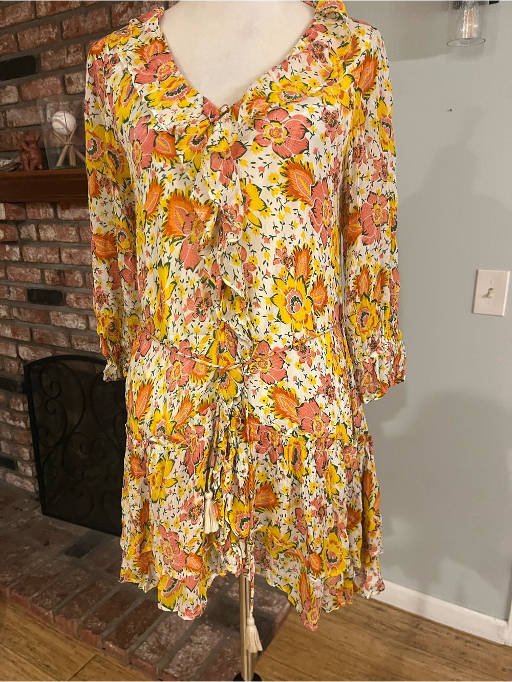 Cleobella Yellow and Coral Floral Tie-Waist Tiered Mini Dress